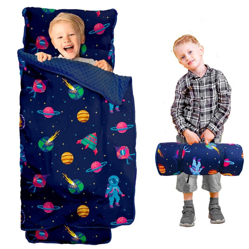Beavtaens Toddler Nap Mat with Pillow and Minky Blanket, Large 55"x35" Sleeping Bag, Washable, Lightweight, Easy to Roll, Perfect for Preschool, Daycare, Kindergarten, Travel, Boys and Girls(Space) - Image 1